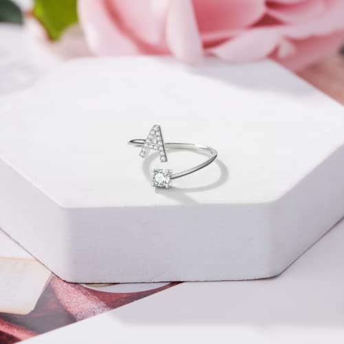 Haoze Initial Letter Ring for Women Silver Stackable Alphabet Rings with Initial Adjustable Crystal Inlaid Initial Rings Bridesmaid Gift(A)