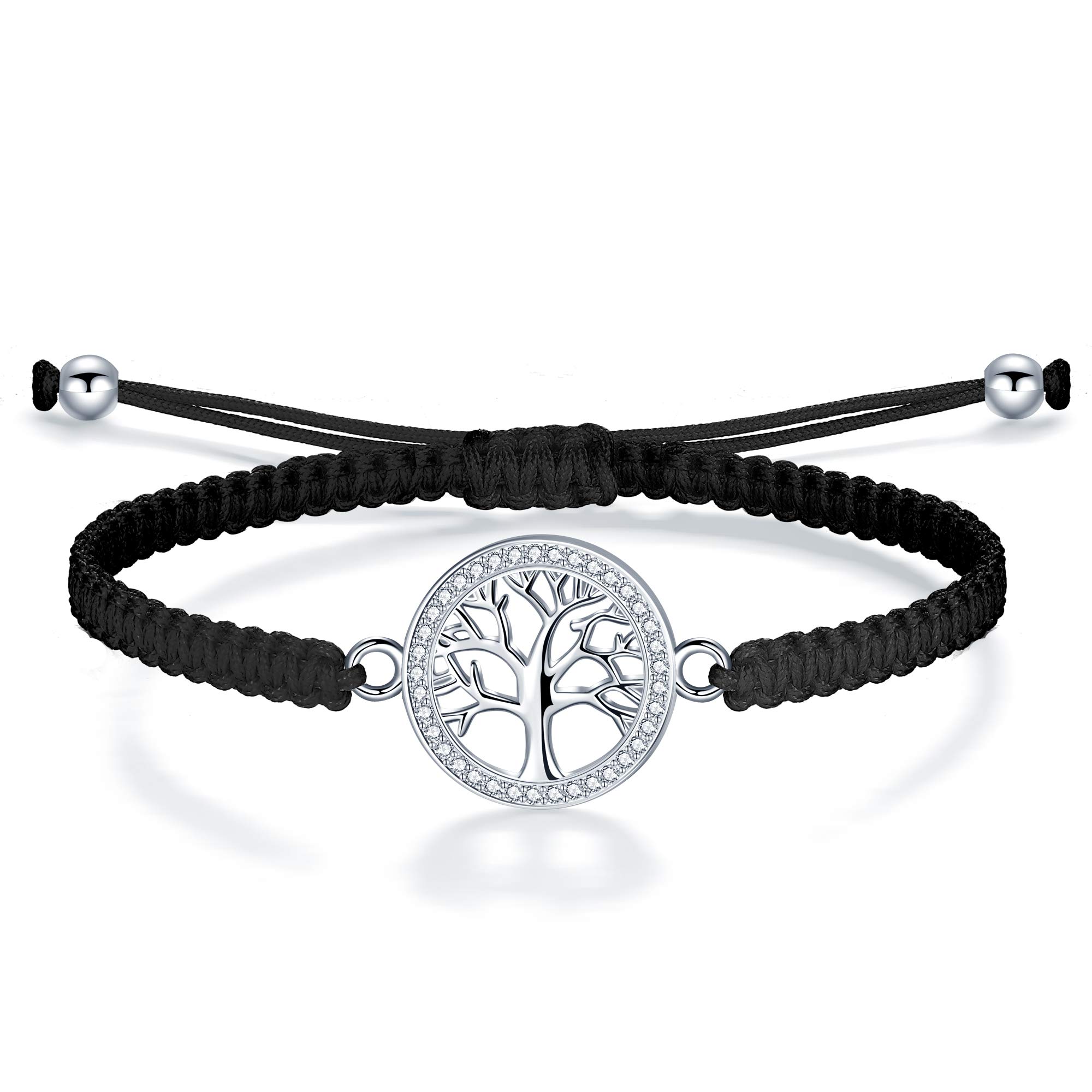 ZENI Tree of Life Bracelet for Women, Black Rope Bracelet 925 Silver Handmade Braided Adjustable Bracelet Love Friendship Christmas Bracelet Gifts