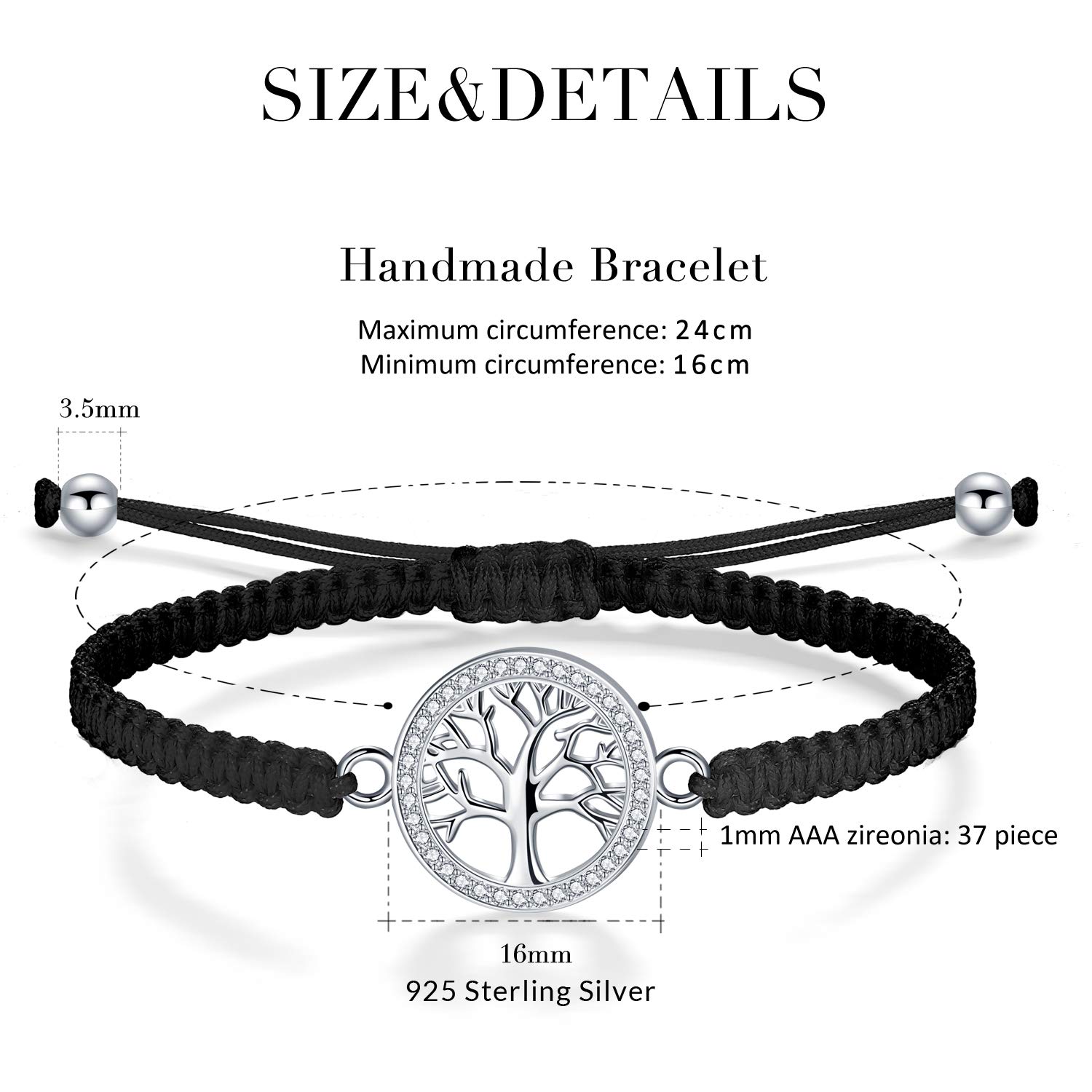 ZENI Tree of Life Bracelet for Women, Black Rope Bracelet 925 Silver Handmade Braided Adjustable Bracelet Love Friendship Christmas Bracelet Gifts