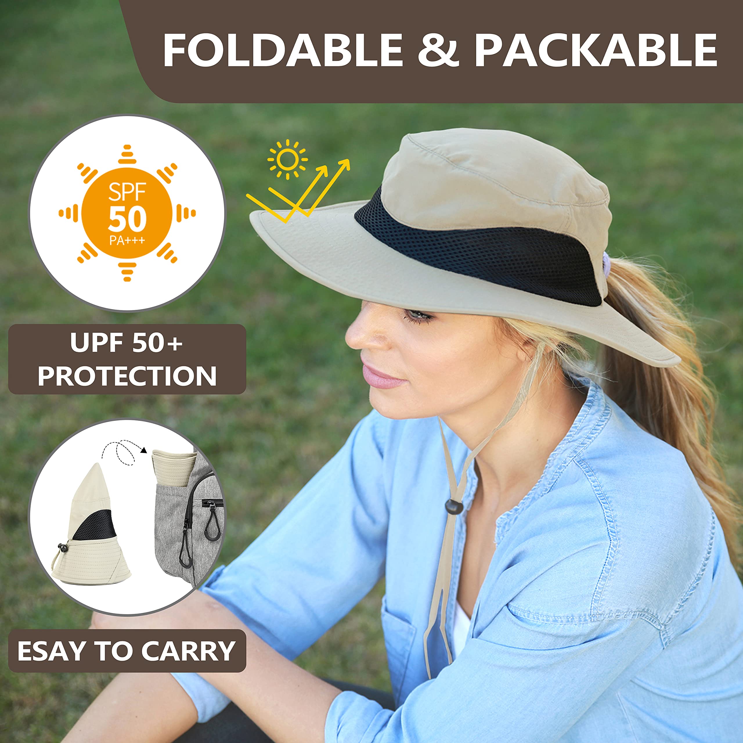 Solaris Ponytail Hole UPF 50 Women Sun Protection Hat for Garden Hiking Safari, Tan