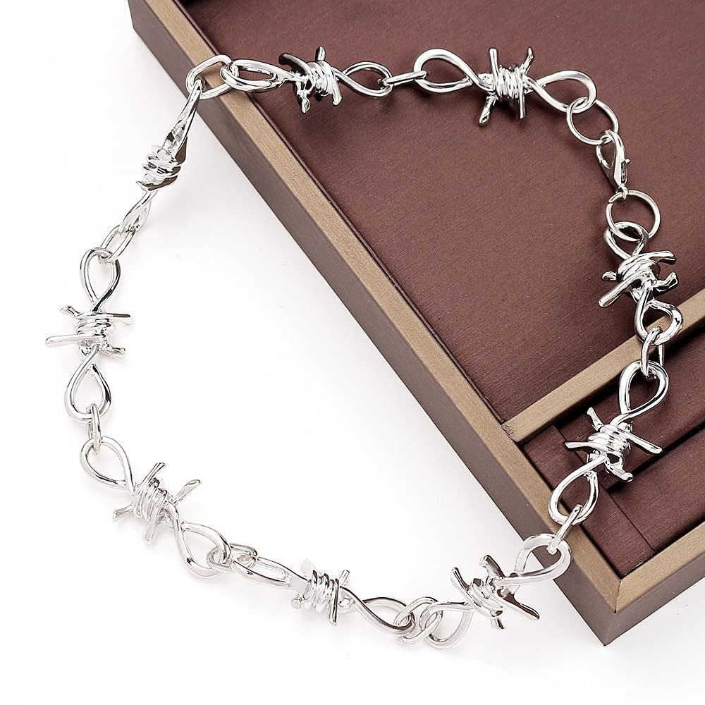 Unisex Gothic Barbed Wire Necklace - 20inches Gothic Jewelry Silver Barbed Wire Thorns Choker Chain Necklaces Punk Accessories Gifts for Women Men