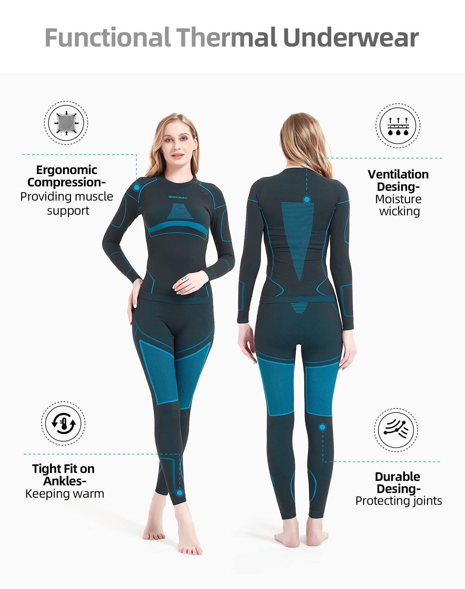 NOOYME Thermal Underwear for Women Long Johns for Women, Base Layer Women Black-blue