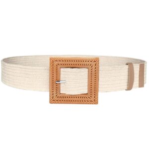 yucforen women skinny dress belt, fashion straw woven elastic stretch waist band wood buckle belt, sand