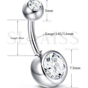 Sllaiss Belly Button Rings For Women 925 Sterling Silver 14G Bar 8mm CZ Round Ball Navel Barbell Stud Body Piercing Jewelry