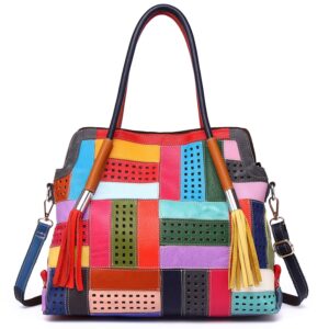 women genuine leather tote multicolour patchwork hollow shoulder handbag purses (multicoloured-middle)…