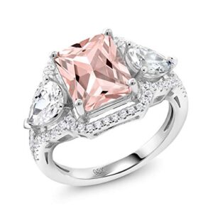 Gem Stone King 3.99 Cttw Peach Nano Morganite Ring For Women In 925 Sterling Silver | Emerald Cut 10X8MM | Gemstone October Birthstone | Available In Size 5, 6, 7, 8, 9