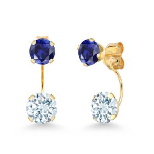 gem stone king 14k yellow gold sky blue aquamarine and blue created sapphire dual drop 2 stone round earrings for women (2.70 cttw, gemstone birthstone, round 6mm and 5mm)