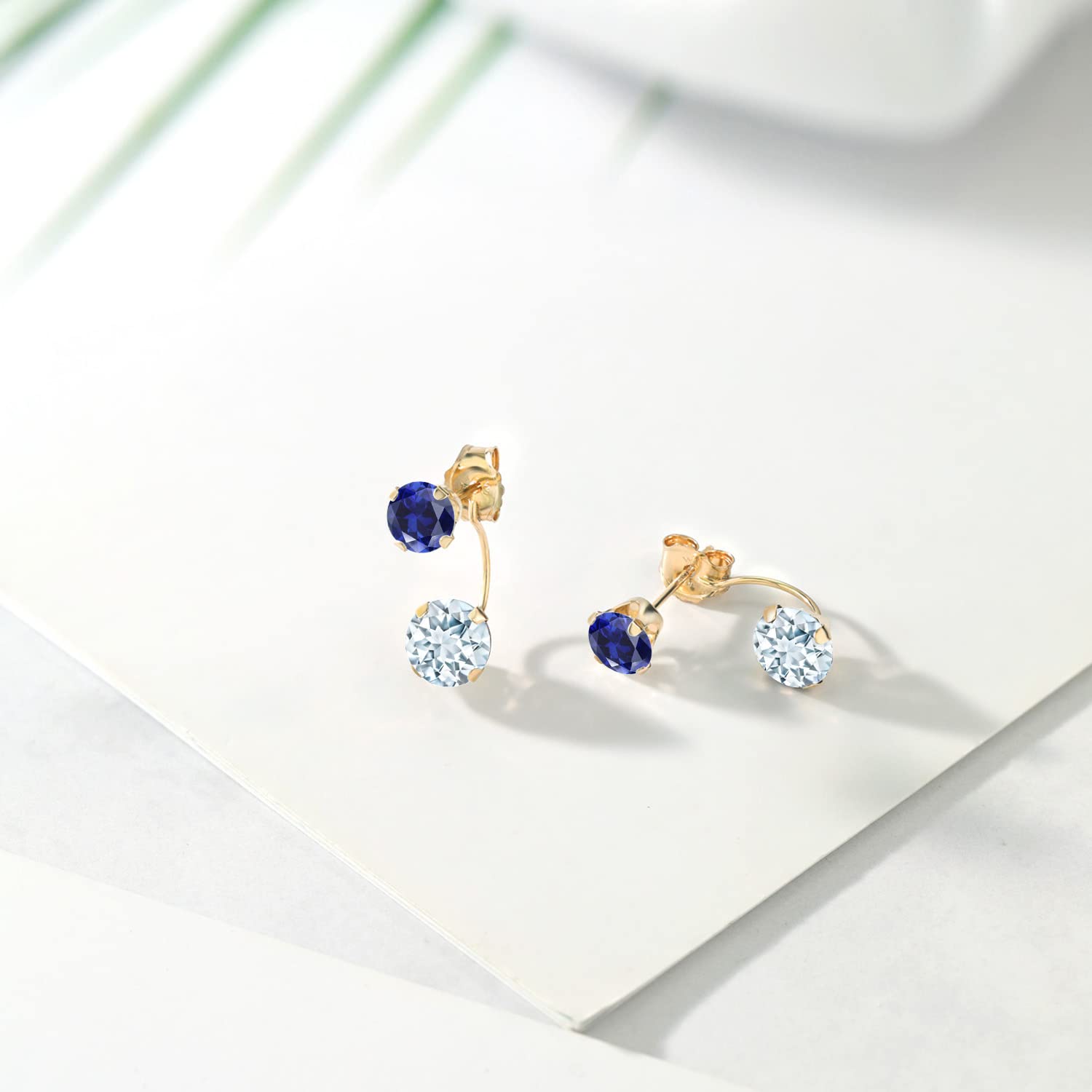 Gem Stone King 14K Yellow Gold Sky Blue Aquamarine and Blue Created Sapphire Dual Drop 2 Stone Round Earrings for Women (2.70 Cttw, Gemstone Birthstone, Round 6MM and 5MM)