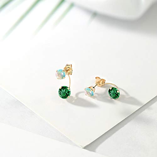 Gem Stone King 14K Yellow Gold Green Nano Emerald and White Opal Dual Drop 2 Stone Round Earrings for Women (2.54 Cttw, Gemstone Birthstone, Round 6MM and 5MM)