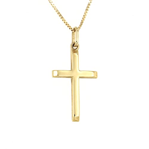 14 Karat Gold Cross, Small Religious Pendant Necklace with 18 inch Box Gold Chain - 14k Christian Cross with Adjustable Chain for Womens, Authentic Italian Religious Gifts Jewelry