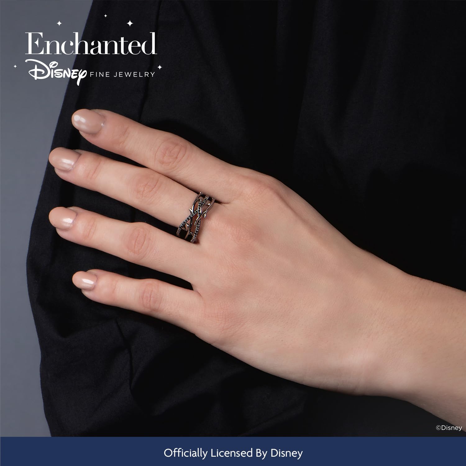 Jewelili Enchanted Disney Fine Jewelry Sterling Silver with Black Rhodium 1/5cttw Maleficent Creeper Ring