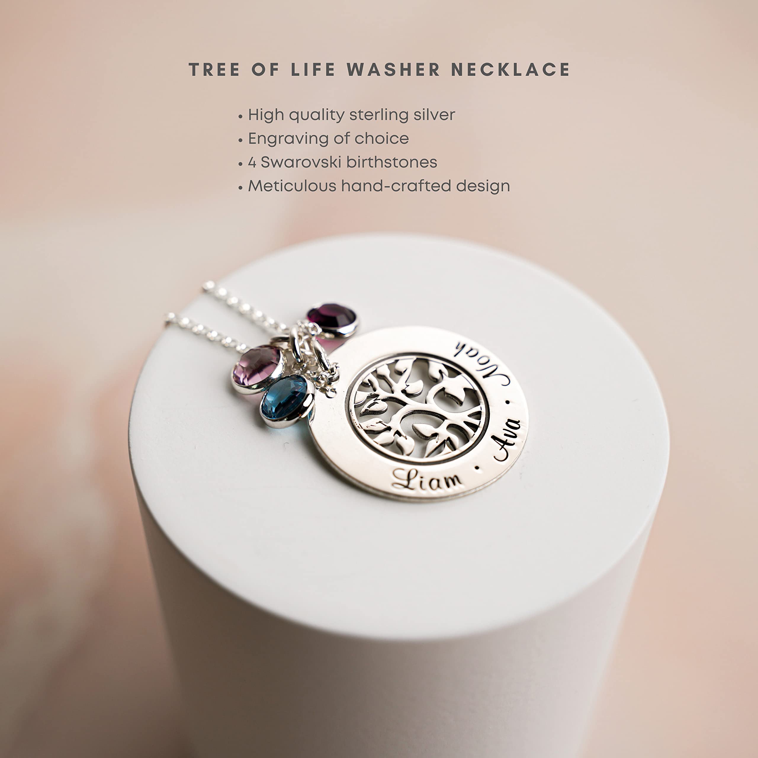 AJ's Collection My Tree of Life Washer with up to Four Selected Swarovski Birthstone. Customizable with names and words of your choice