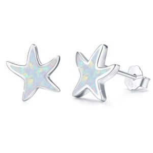 CUOKA MIRACLE Starfish Earrings Opal Stud Earrings 925 Sterling Silver Sea Star Beach Stud Earrings Hypoallergenic Earrings Tiny Small Earrings Gifts for Women White Opal