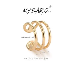 MYEARS Women Ear Cuff Earring Gold Non Pierced Ear Cartilage 3 Split Stripe Band Clip on Wrap Hoop 14K Gold Filled Tiny Boho Simple Minimalist Delicate Handmade Hypoallergenic Geometric Jewelry Gift