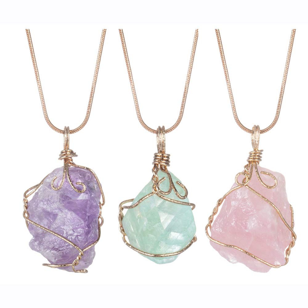 JUNHAN 3PCS Raw Irregular Crystal Pendant Necklace for Women Natural Tumbled Rock Quartz Wrapped Gold Wire Chakra Gemstone Jewelry with 2 Different Chains