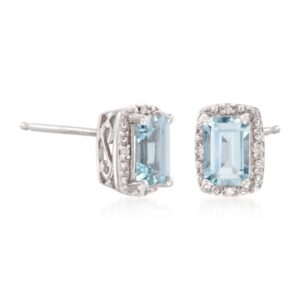 Ross-Simons 1.00 ct. t.w. Aquamarine Stud Earrings With Diamond Accents in Sterling Silver