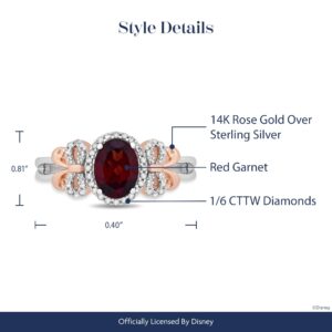 Jewelili Enchanted Disney Fine Jewelry 14K Rose Gold Over Sterling Silver 8x6 MM Oval Shape Red Garnet and 1/6 Cttw Natural White Round Diamonds Snow White Bow Ring Size 8