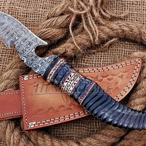 HUNTEX Unique Custom Handmade Hand Forged Ladder Pattern Damascus Steel 12.5 Inch Long Full Tang Buffalo Horn Handle Razor Sharp Hunting Camping Hunter's Gut Hook Knife with Genuine Leather Sheath