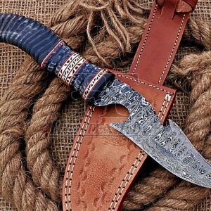 HUNTEX Unique Custom Handmade Hand Forged Ladder Pattern Damascus Steel 12.5 Inch Long Full Tang Buffalo Horn Handle Razor Sharp Hunting Camping Hunter's Gut Hook Knife with Genuine Leather Sheath