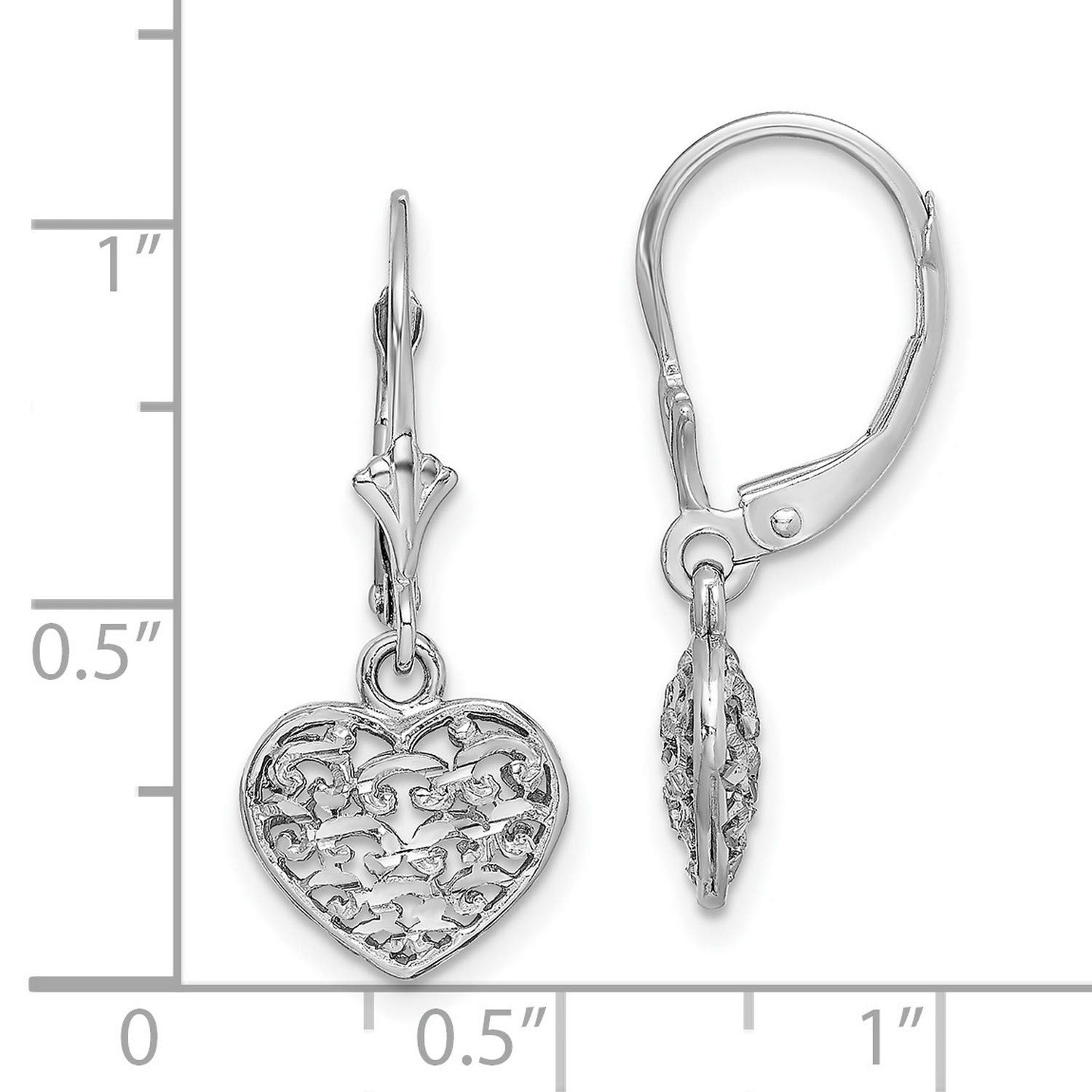 3D Mini Puffed Heart Leverback Earrings In Real 14k White Gold 25 mm x 10 mm