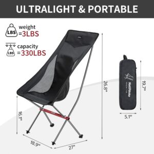 Naturehike Folding Camping Chair, Lightweight High Back Portable Compact Chair, Large Heavy Duty 330lbs for Adults, Hiking Camp Backpacking Beach Picnic Fishing with Storage Bag, Black