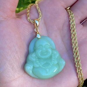 Smiling Laughing Buddha Green Jade Pendant Cute Necklace Rope Chain Genuine Certified Grade A Jadeite Jade Hand Crafted, Jade Neckalce, 14k Gold Filled Buddha necklace, Jade Medallion Apple Green