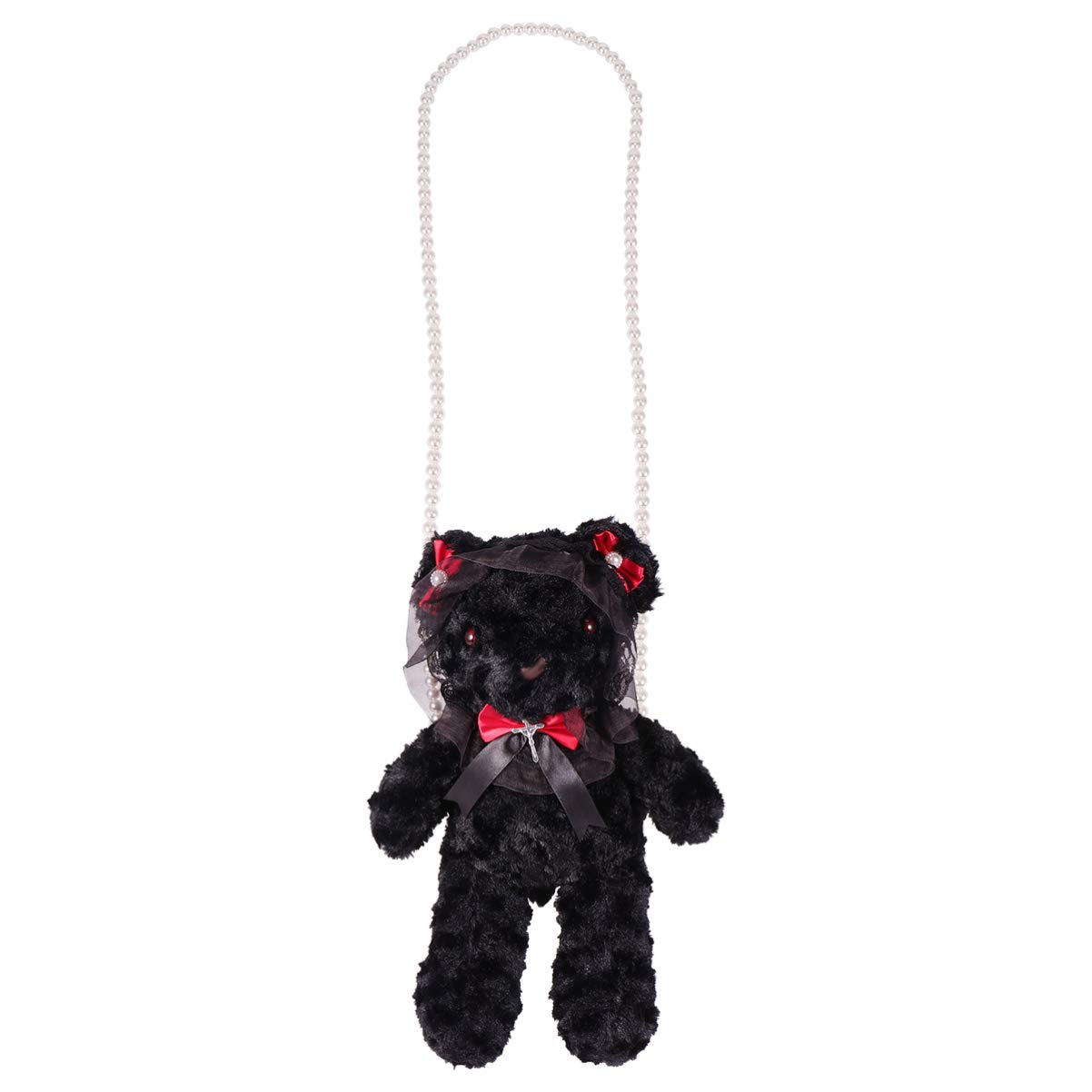 KESYOO Plush Satchel Bag Gothic Style Bear Shoulder Bag Pearl Chain Decor Lolita Cosplay Purse Black