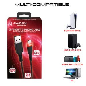 Raiden - USB C Charging and Transfer Cable, Supersoft Anti Knots 3 Meters, LED Backlight for PS5 Controller (PS5//)