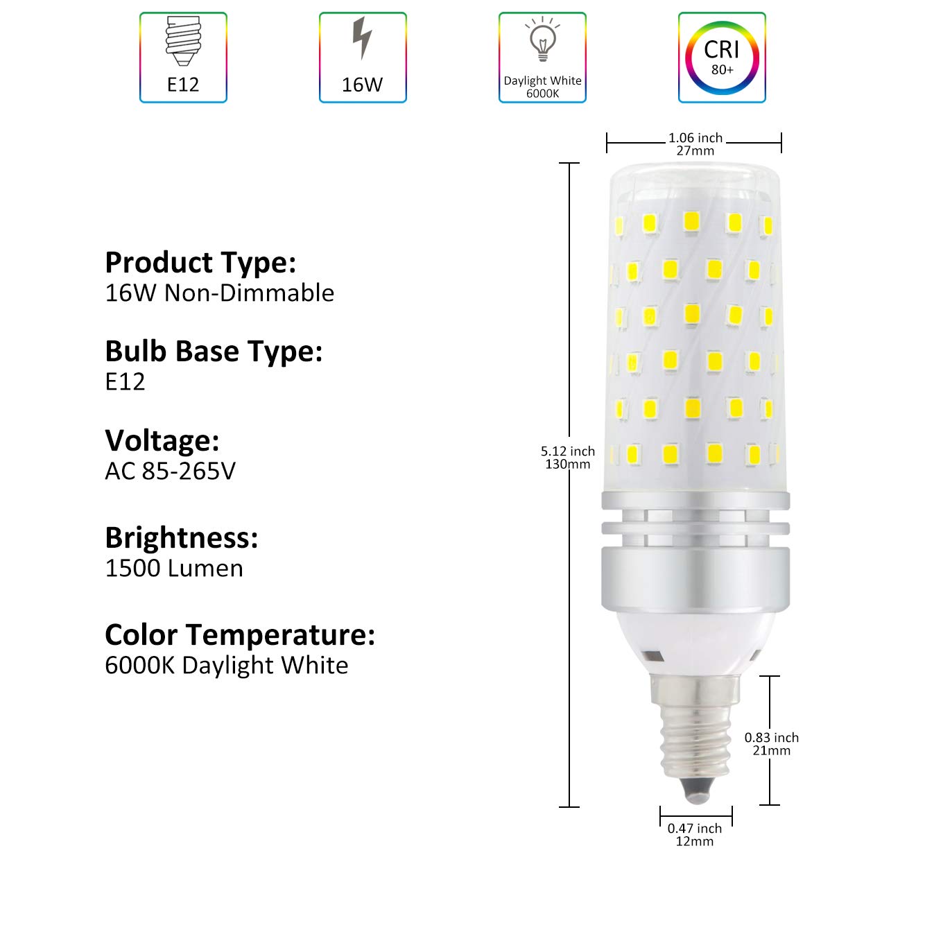 E12 LED bulbs, Candelabra LED Bulbs 100 Watt Equivalent,Daylight White 6000K, LED ceiling fan light bulbs,1500lm, Non-Dimmable LED light bulb, LED Chandelier Bulbs for Ceiling Fan,Home Lighting,4 Pack