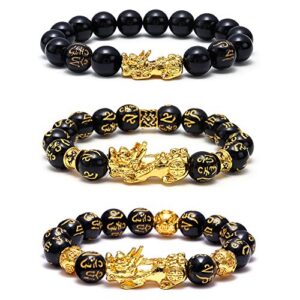 HiRinK 3Pcs Feng Shui Good Luck Bracelets- Lucky Charm Pi Xiu Pi Yao Bracelet Chinese Dragon Attract Good Luck and Wealth Jewelry Adjustable Elastic for Men Women