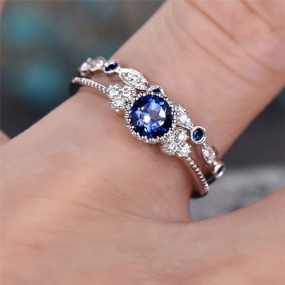 SEniutarm Engagement Love Rings Wedding Bands 2Pcs/Set Women Cubic Zirconia Inlaid Stackable Finger Ring Wedding Jewelry Gift for Women/Girl Finger Rings DIY Jewelry Gifts - Blue US 8