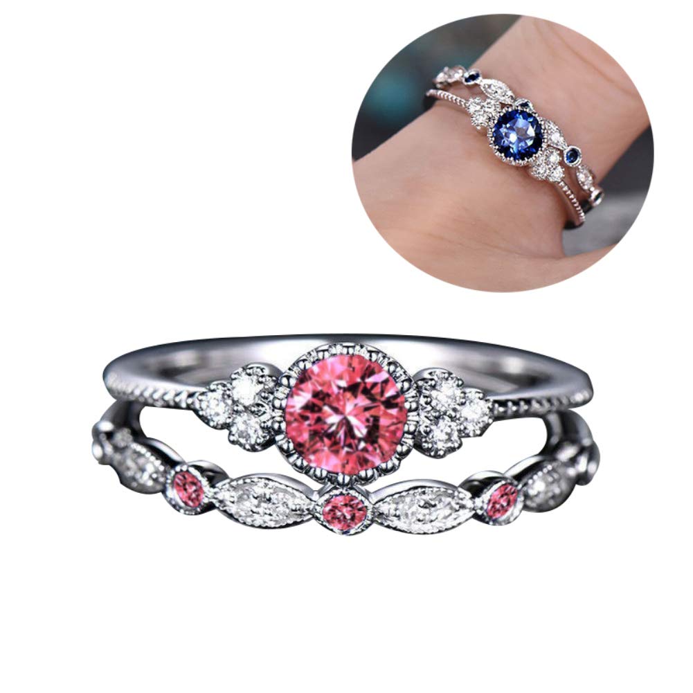 SEniutarm Engagement Love Rings Wedding Bands 2Pcs/Set Women Cubic Zirconia Inlaid Stackable Finger Ring Wedding Jewelry Gift for Women/Girl Finger Rings DIY Jewelry Gifts - Blue US 8