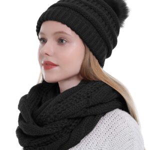 Double Couple Womens Scarf Beanie Hat with Faux Fur Ball Set Thick Winter Cable Knitted Circle Loop Infinity Scarfs for Women (Black Pom Pom Set)