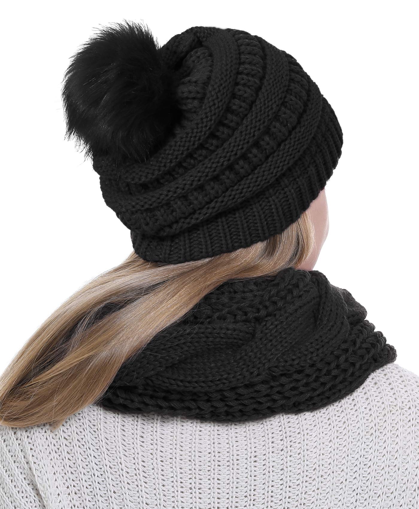 Double Couple Womens Scarf Beanie Hat with Faux Fur Ball Set Thick Winter Cable Knitted Circle Loop Infinity Scarfs for Women (Black Pom Pom Set)