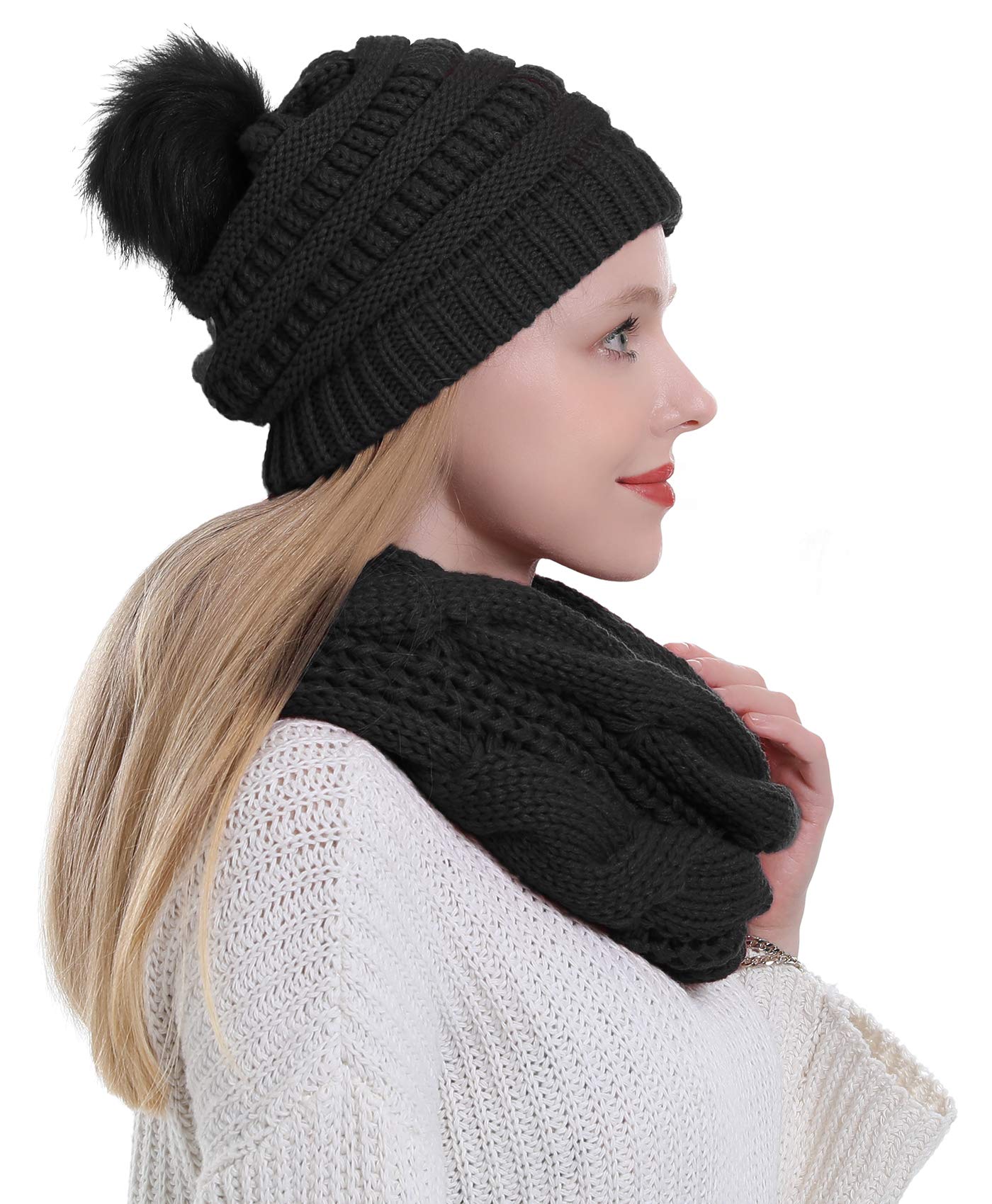 Double Couple Womens Scarf Beanie Hat with Faux Fur Ball Set Thick Winter Cable Knitted Circle Loop Infinity Scarfs for Women (Black Pom Pom Set)