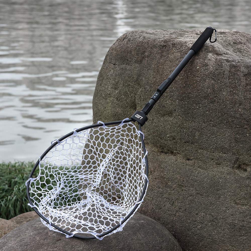 AIKENR Folding Fishing Net, Fly Fishing Landing Net Soft Rubber Safe Catch and Release, Aluminum Alloy Frame and Comfortable EVA Handle with Sturdy Carabiner