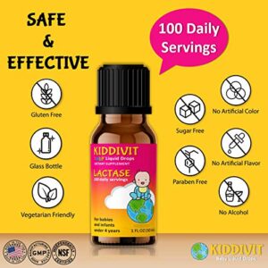 Kiddivit Baby Lactase Liquid Drops 1000 Units - 100 Daily Servings, 1 Fl Oz (30 mL) - Built-in Dropper, Glass Bottle - Sugar Free, Gluten Free, Vegetarian Friendly