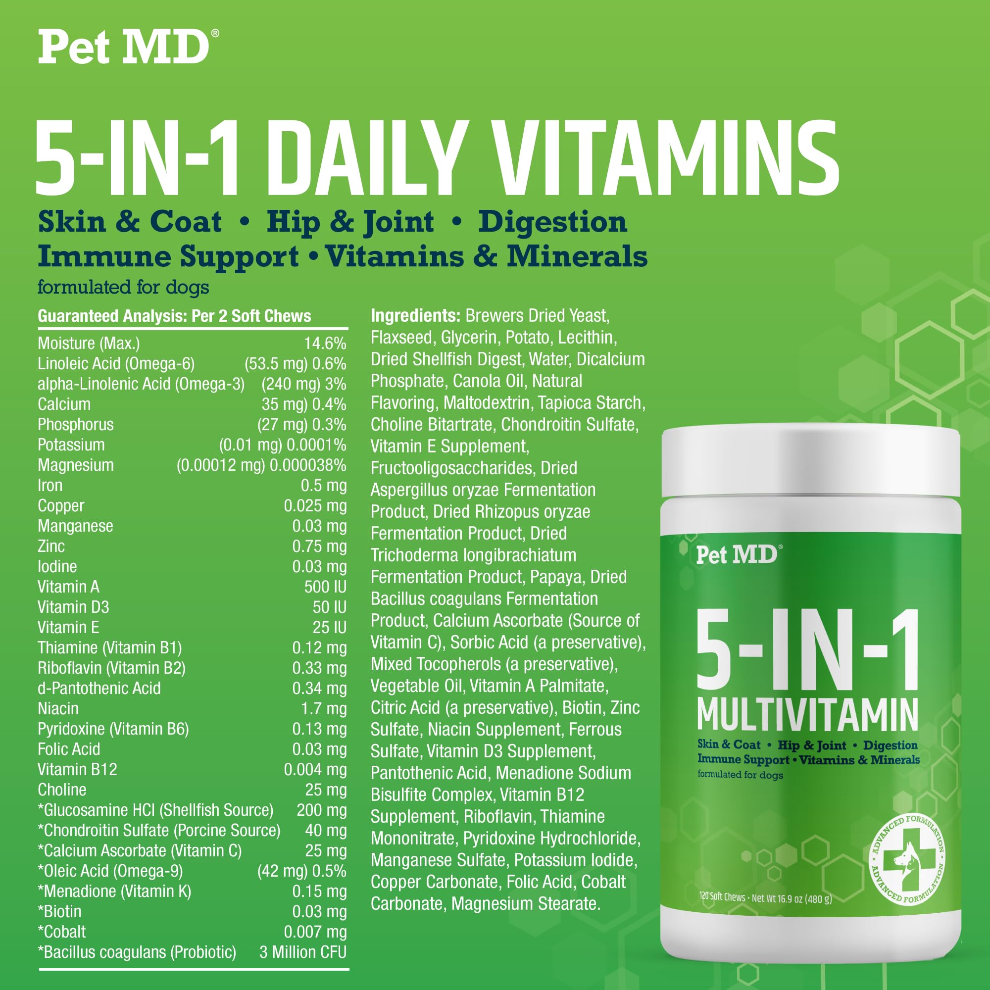 Pet MD 5in1 Dog Multivitamin - 30 Essential Vitamins, Minerals & Nutrients for Skin & Coat, Hip & Joint, Digestion, Immune & Senior Dog Vitamins - Glucosamine, Omega 3 6 9, & Probiotics - 120 ct