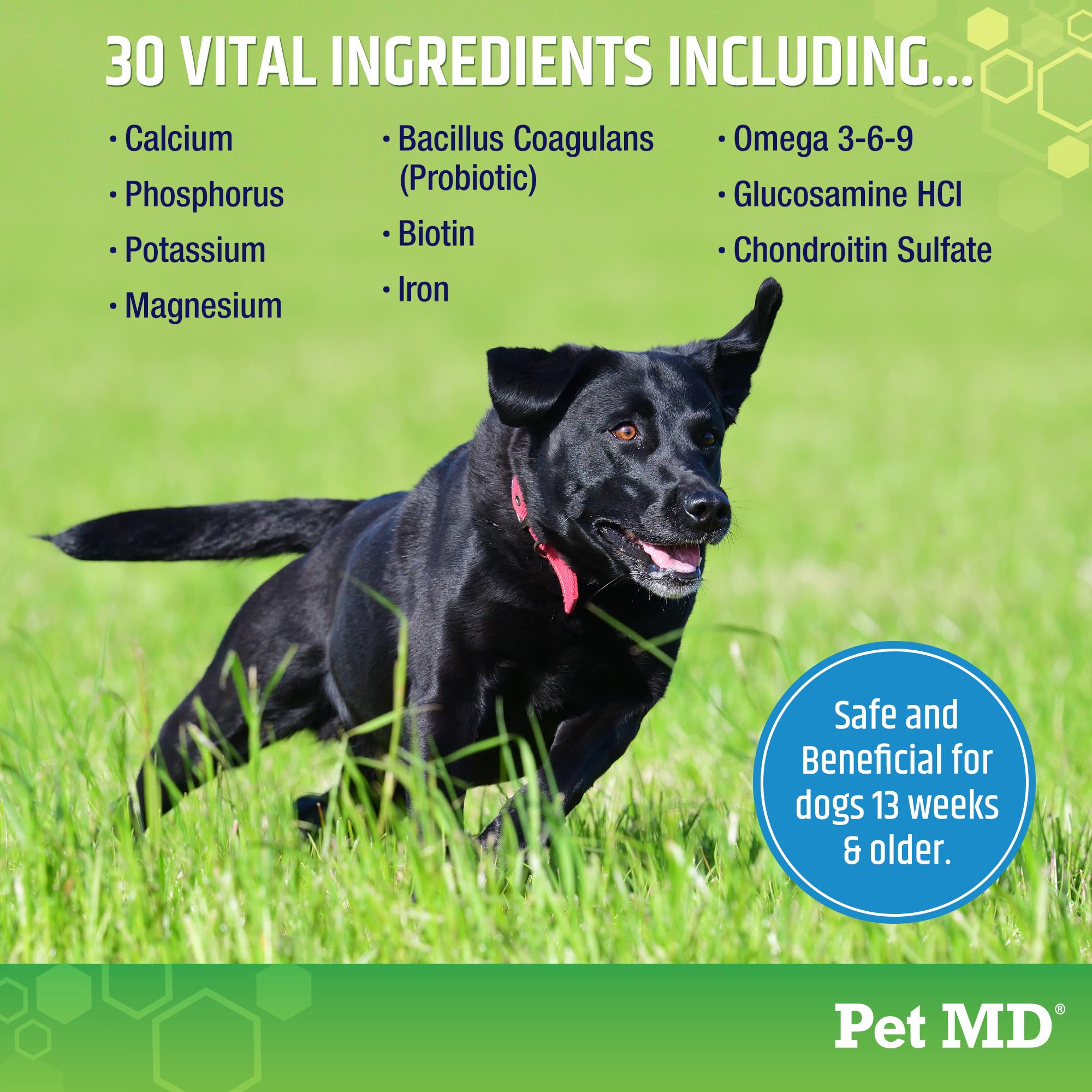 Pet MD 5in1 Dog Multivitamin - 30 Essential Vitamins, Minerals & Nutrients for Skin & Coat, Hip & Joint, Digestion, Immune & Senior Dog Vitamins - Glucosamine, Omega 3 6 9, & Probiotics - 120 ct