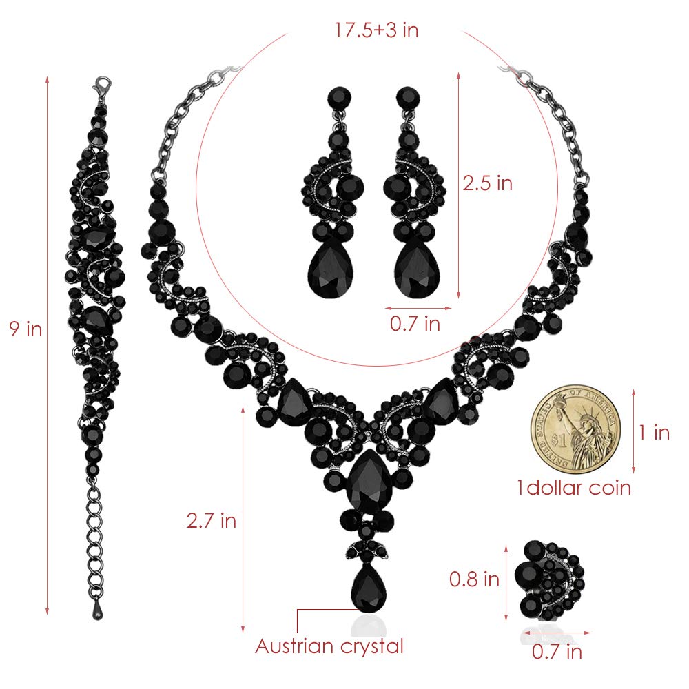 CSY 4 Pcs/Sets Vintage Necklace Earrings Bracelet Ring Retro Bridal Wedding Costume Jewelry Sets for Brides Women Gifts (Black Crystal)