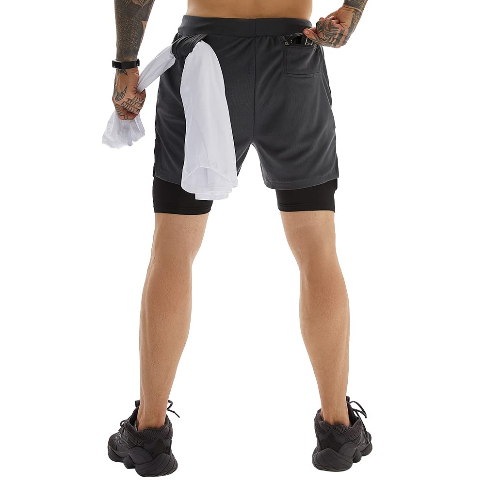 OEBLD Mens Athletic Shorts 2-in-1 Gym Workout Running 7'' Shorts with Towel loop Grey