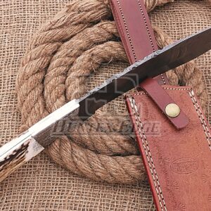 HUNTEX Handmade Hand-Forged Twist Pattern Damascus Steel 14 Inch Long Full Tang Deer Antler Handle Razor Sharp Hunting Camping Bowie Knife w/Genuine Leather Sheath