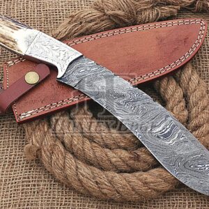 HUNTEX Handmade Hand-Forged Twist Pattern Damascus Steel 14 Inch Long Full Tang Deer Antler Handle Razor Sharp Hunting Camping Bowie Knife w/Genuine Leather Sheath