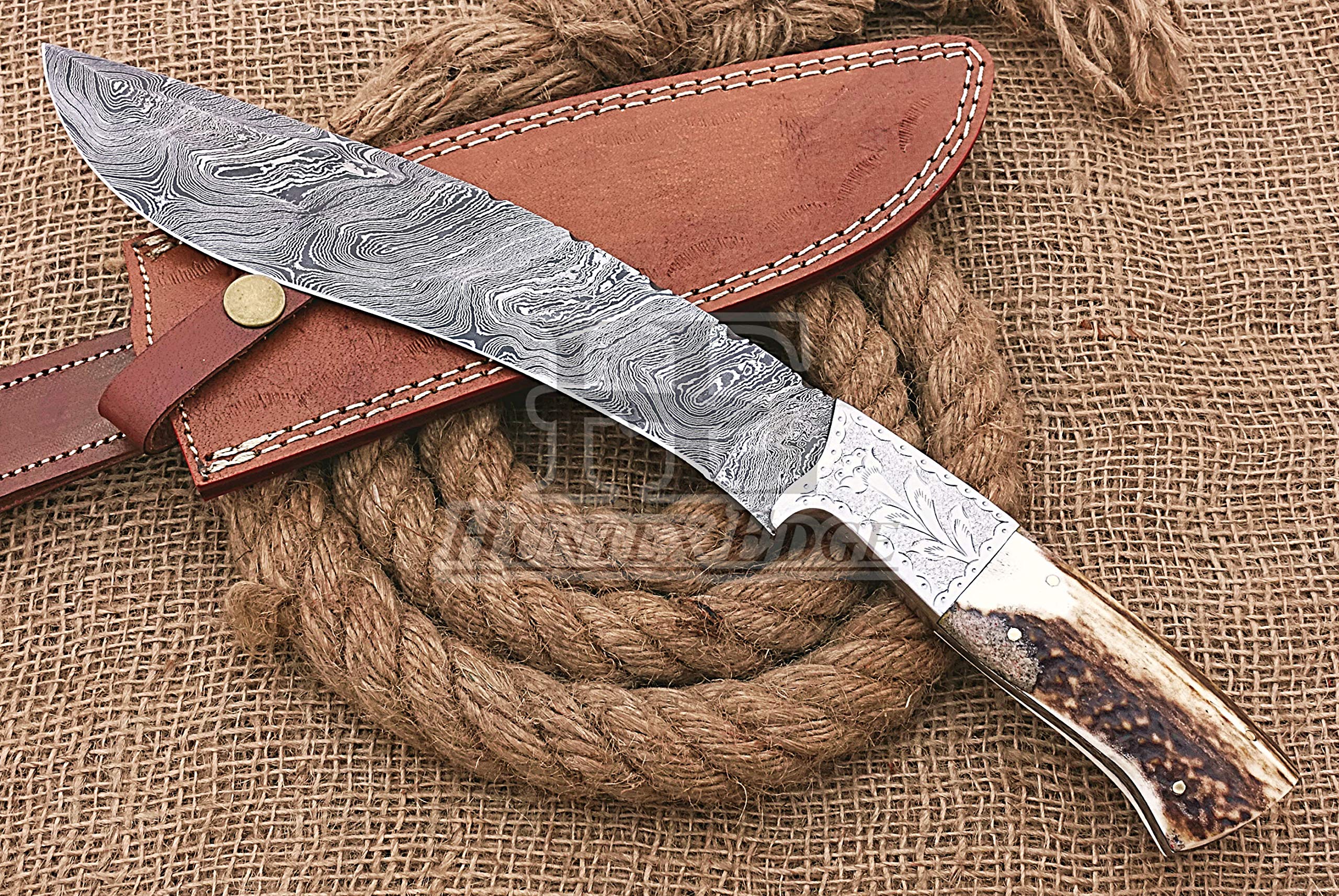 HUNTEX Handmade Hand-Forged Twist Pattern Damascus Steel 14 Inch Long Full Tang Deer Antler Handle Razor Sharp Hunting Camping Bowie Knife w/Genuine Leather Sheath