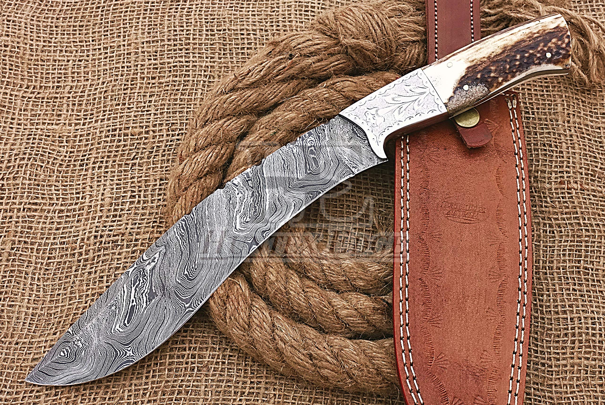 HUNTEX Handmade Hand-Forged Twist Pattern Damascus Steel 14 Inch Long Full Tang Deer Antler Handle Razor Sharp Hunting Camping Bowie Knife w/Genuine Leather Sheath