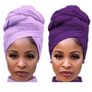 harewom head wraps for black women stretchy head scarf african hair wraps for dreads locs natural hair turban headwraps jersey tie headbands(purple and light purple)