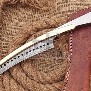 HUNTEX Custom Handmade Hand-Forged Rain Drop Pattern Damascus Steel 11 Inch Long Full Tang Steel-Brass Handle Razor Sharp Hunting Camping Hawkbill Knife w/Genuine Leather Pouch