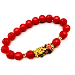 Homelavie Feng Shui Pixiu Bracelet 10mm Amulet Dragon Natural Stone Beads Bracelet Attract Wealth Money and Good Luck(Red)