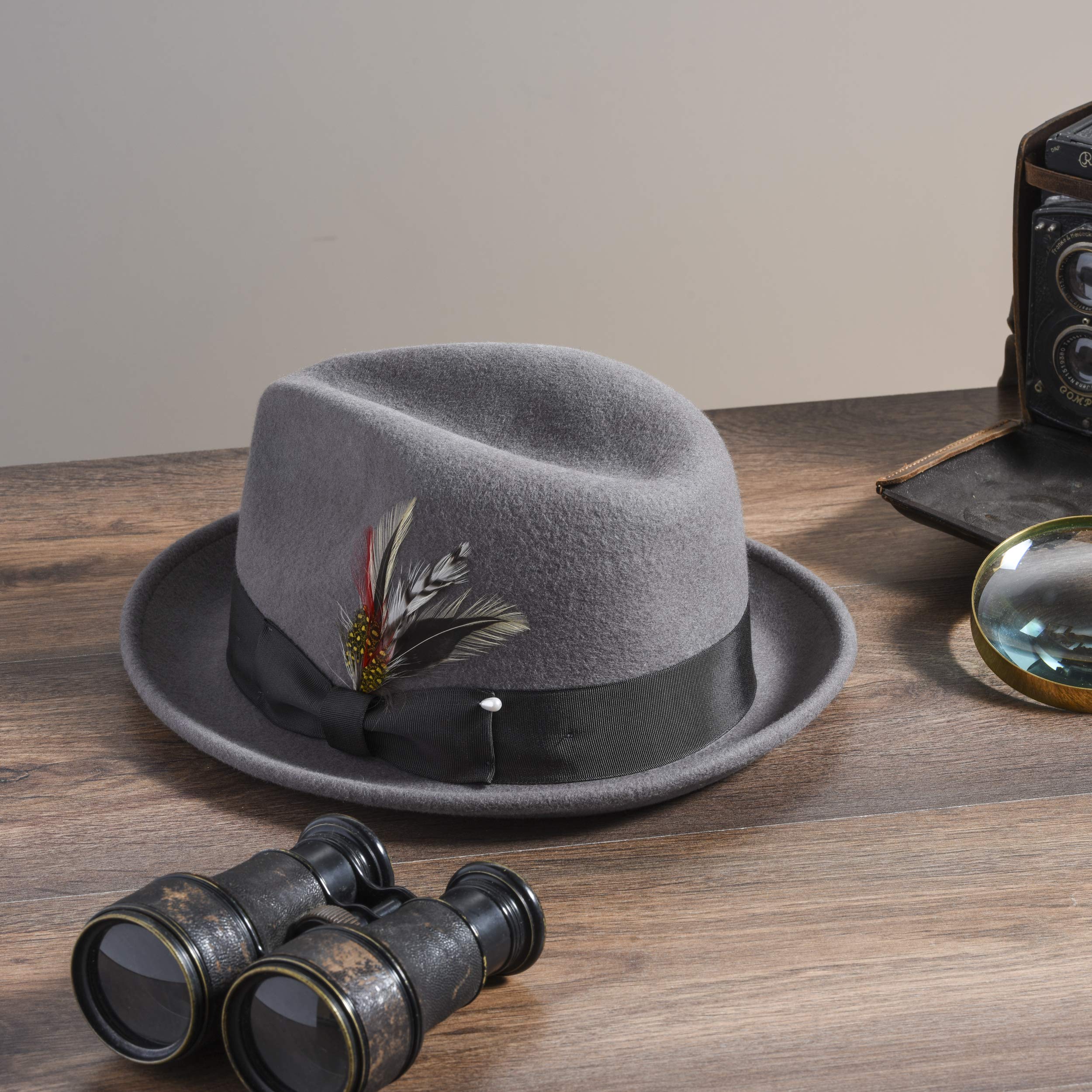 Mens Gray Fedora Hats, 100% Wool Crushable Hat, Packs Easy, Stain Resistant, Stylish Fedora (Also Available in Black)