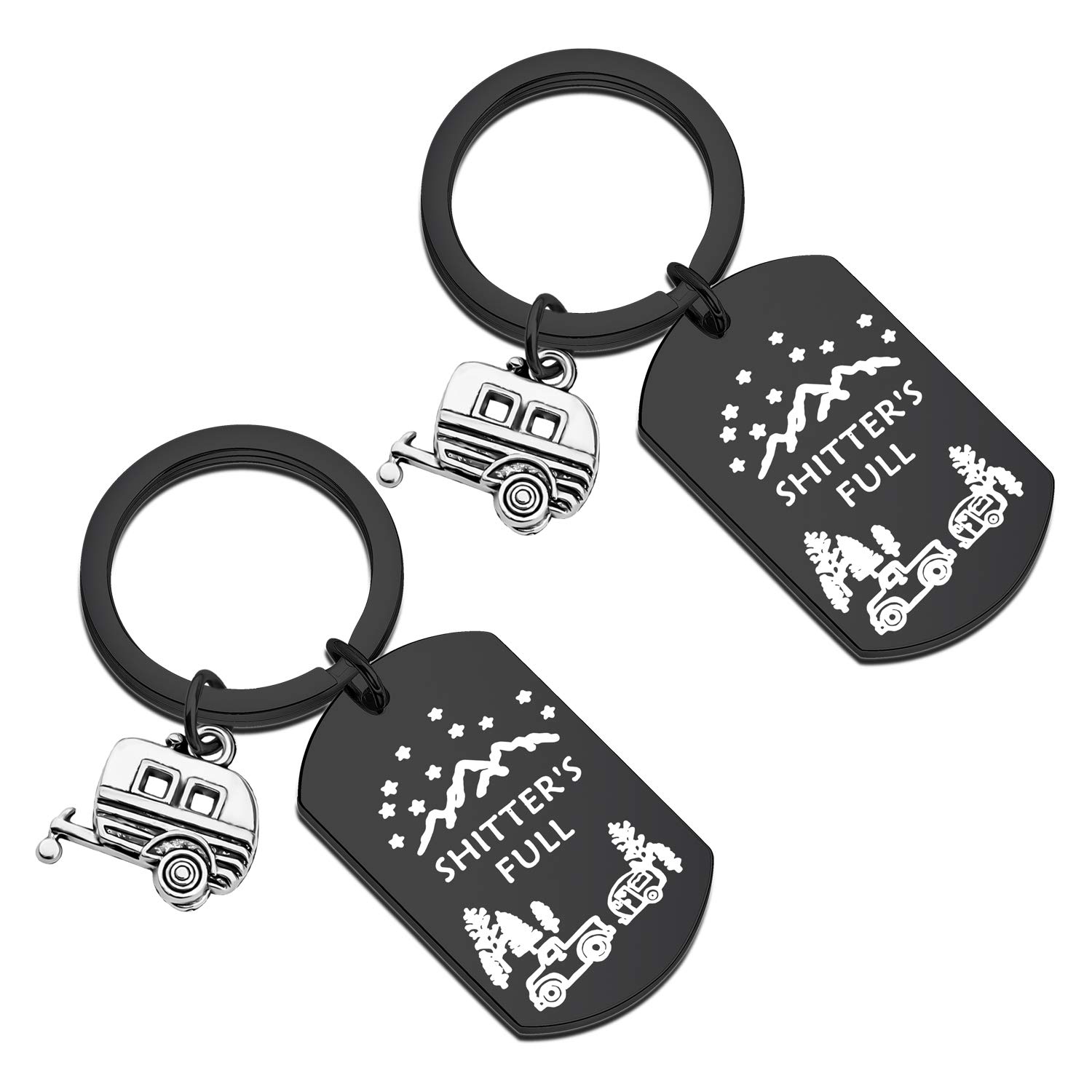 HOLLP Shitter's Full Dog Tag Keychain Happy Camper RV Dog Tag Keychain Camping Keychain Trailer Christmas Vacation Jewelry (2PC Keychain-Black)